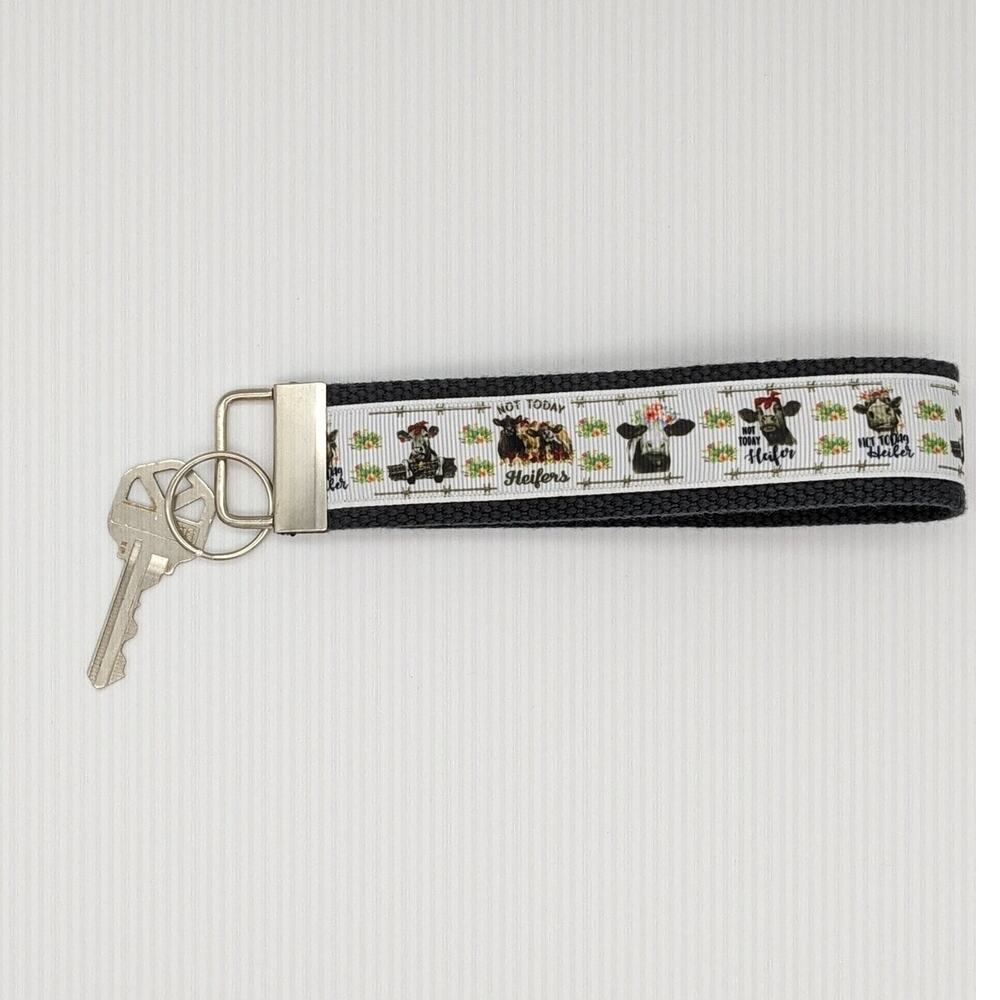 Not Today Heifers Cow Keychain Wristlet Fabric Key FOB Driver Farm House Animals
